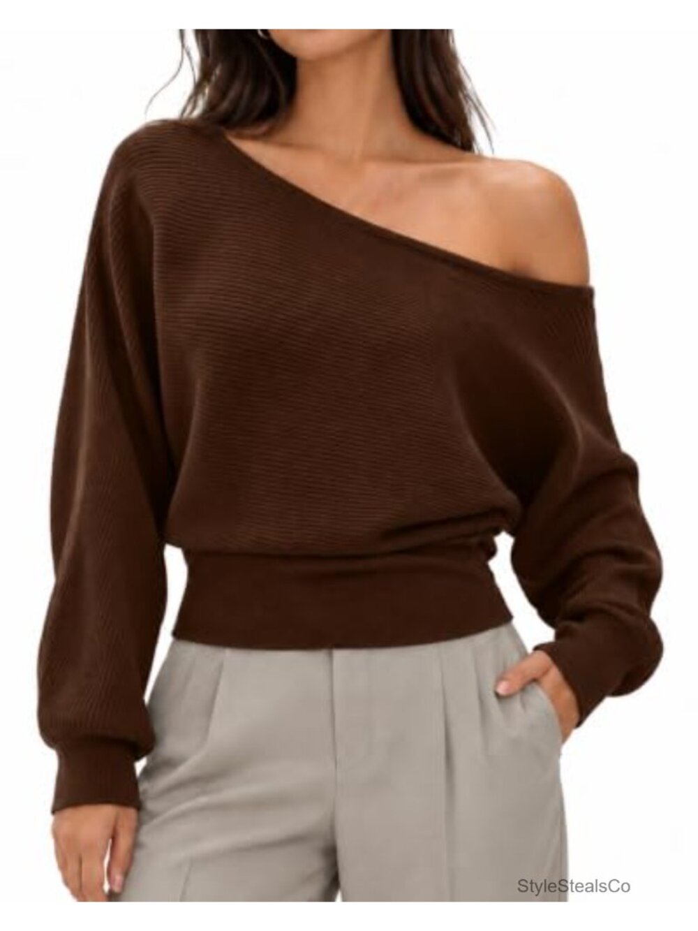 Oversized Off Shoulder Cashmere Blend Pullover Sweater Boat Neck Long Sleeve